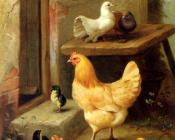 埃德加亨特 - A Hen Chicks And Pigeons